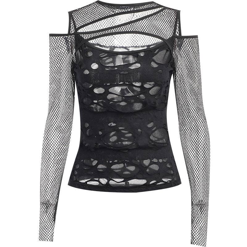Edgy Black Mesh Cutout Long Sleeve Top - Sizes: S/XS/2XS