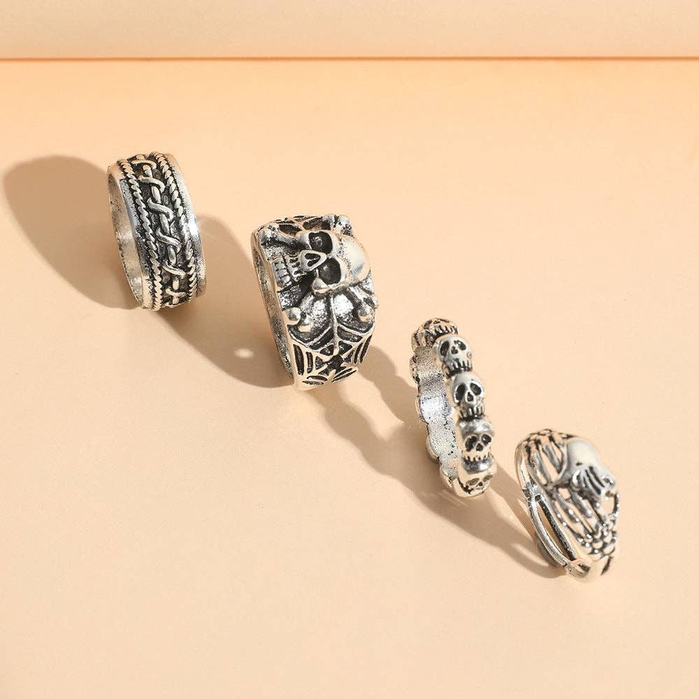 Men Fashion Punk Gothic Exaggerated Skull Heart Ring Set