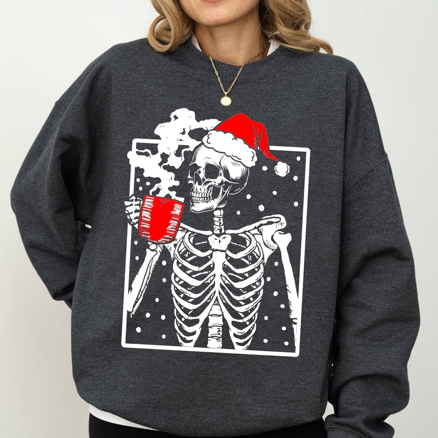 Coffee Lover Santa Skeleton Sweatshirt: Dark Gray Heather / Large