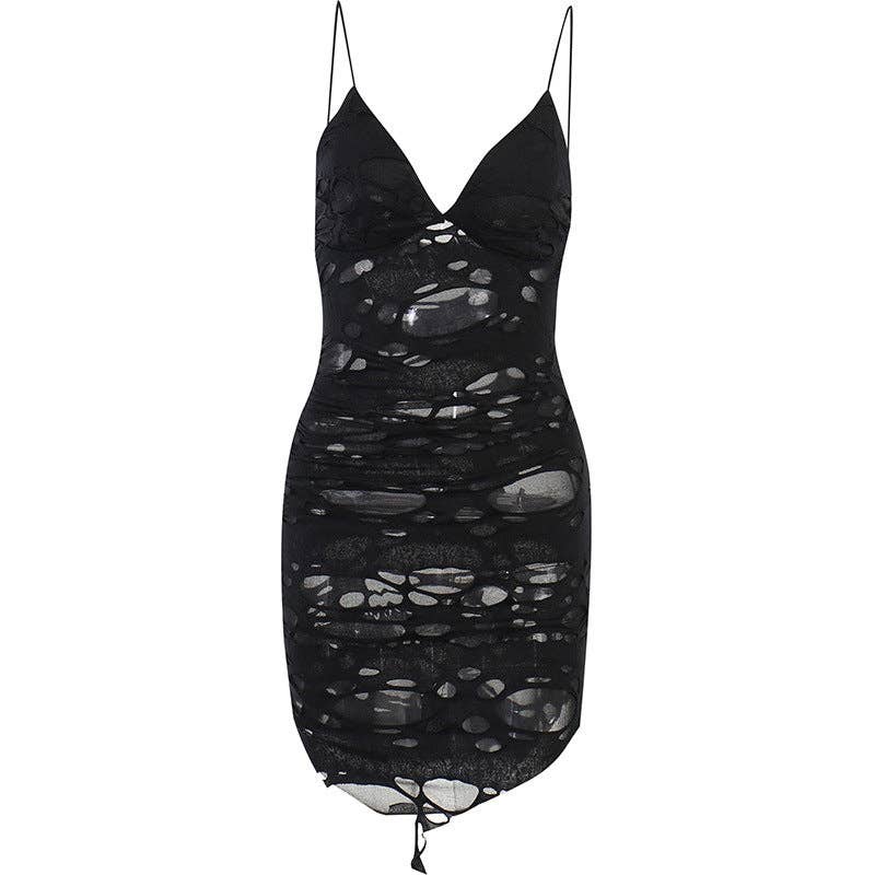 Black Ruched Slip Dress with Cut-Out Design - Sizes: XS/2XS