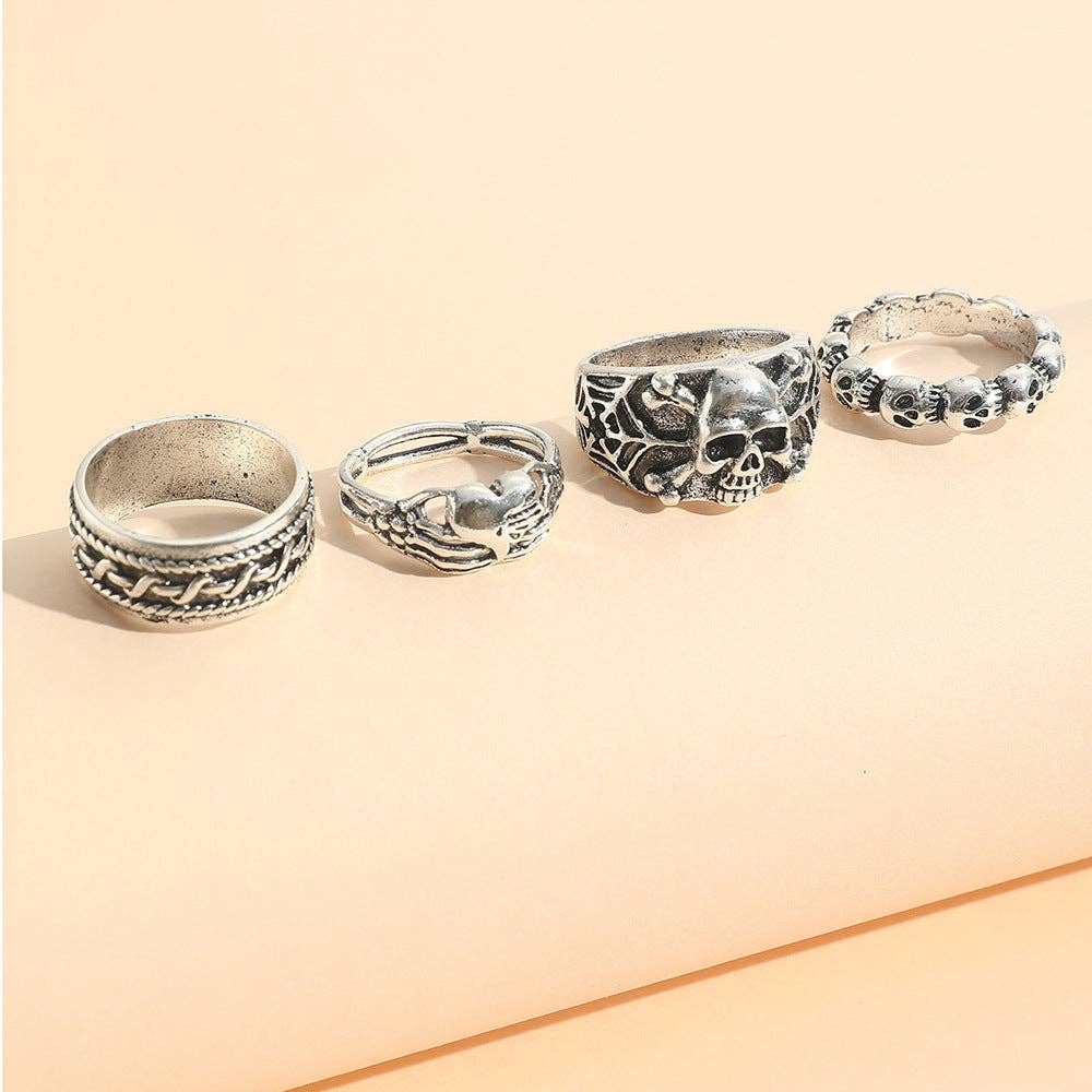 Men Fashion Punk Gothic Exaggerated Skull Heart Ring Set