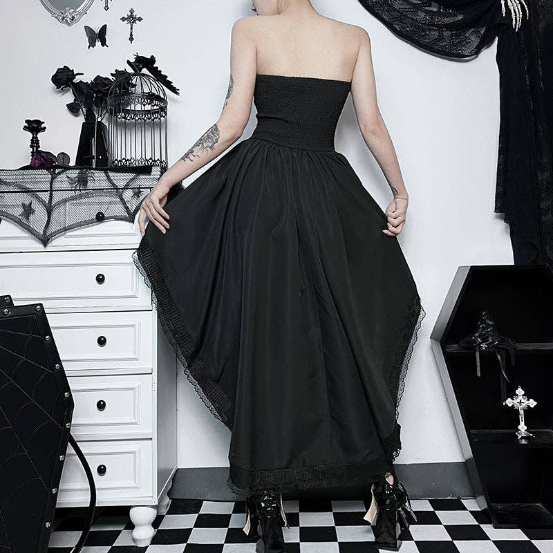 Gothic Style Black Draped, Strapless Maxi Dress - Sizes: XS/2XS