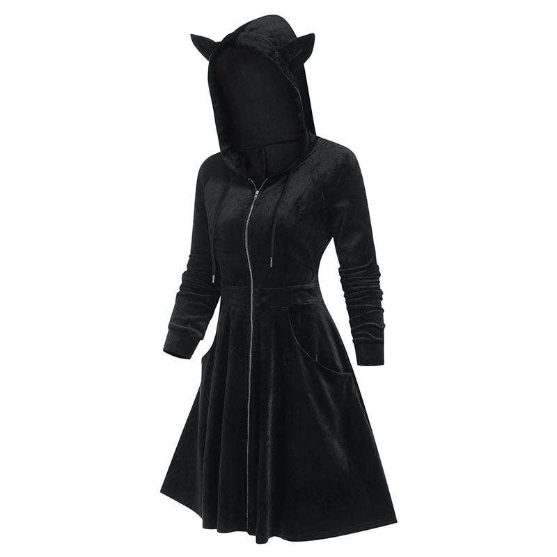 Hooded Long Sleeve Gold Velvet Cat Ear Zip Up Dress - Size: L