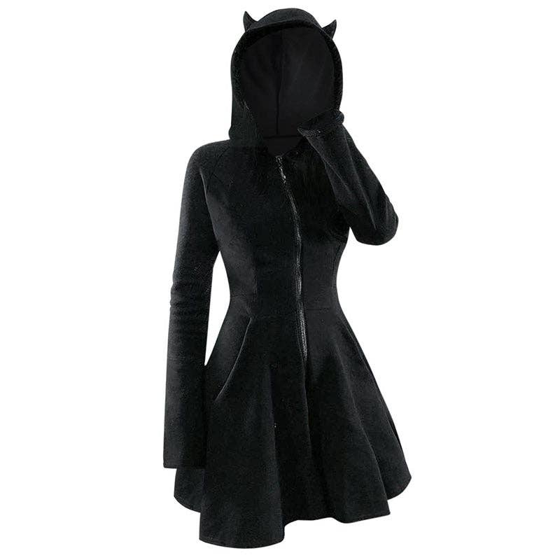 Hooded Long Sleeve Gold Velvet Cat Ear Zip Up Dress - Size: L