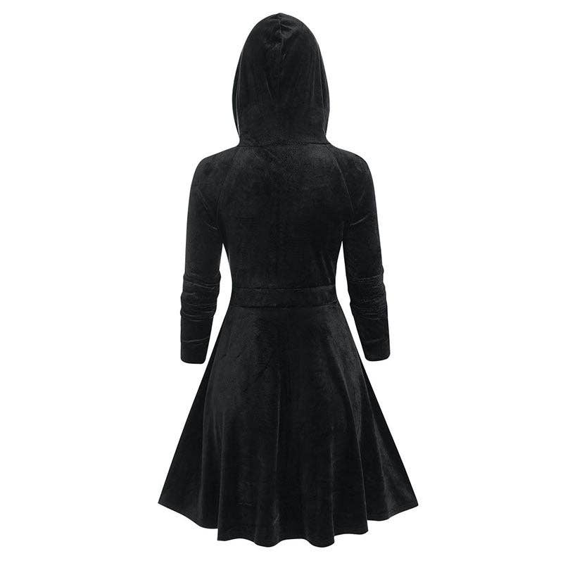 Hooded Long Sleeve Gold Velvet Cat Ear Zip Up Dress - Size: L