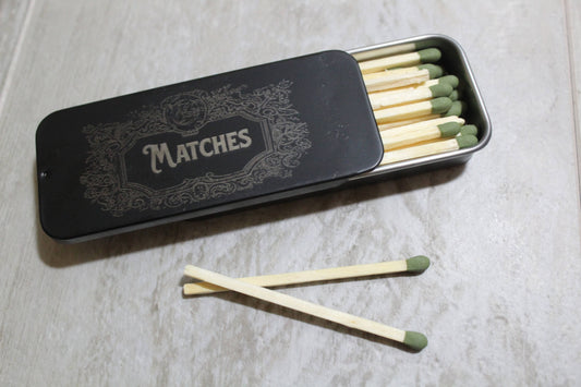 Black Metal Match Refillable Tin: Matches