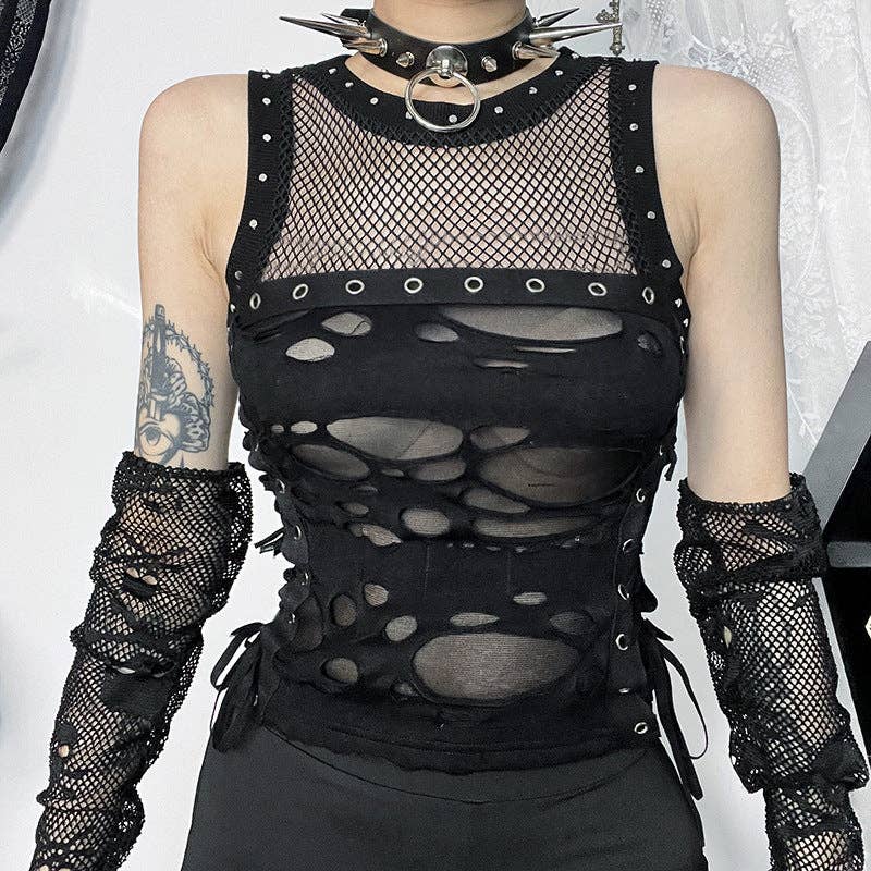 Sexy Black Tank Top with Sheer Details - Sizes: S/XS/2XS