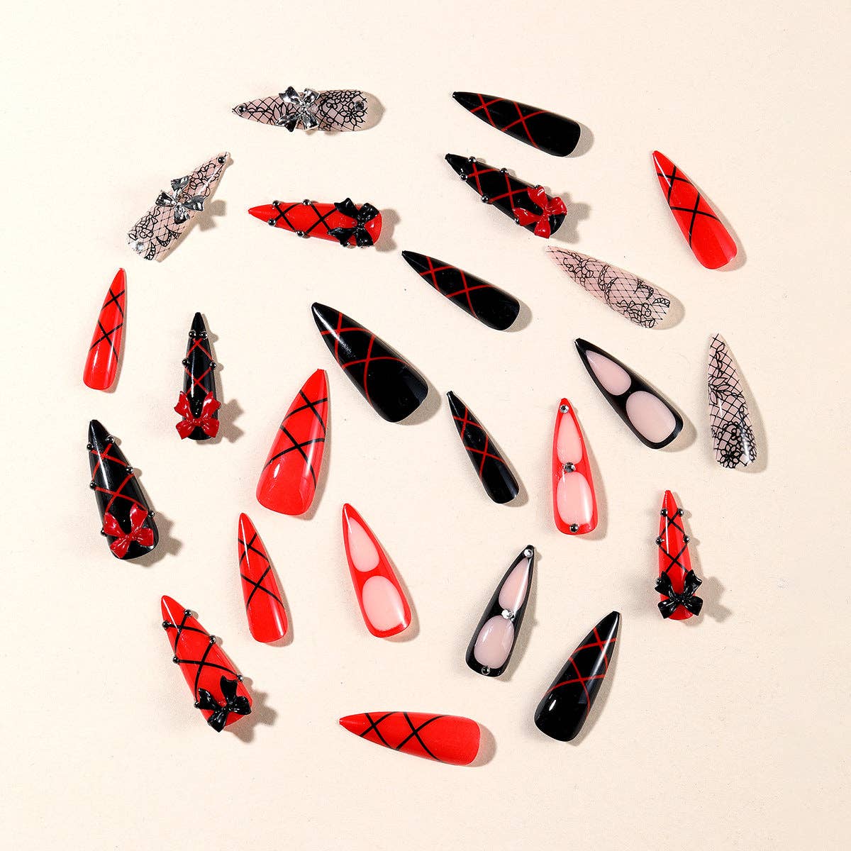 Gothic Rhinestone Bow Fake Nails