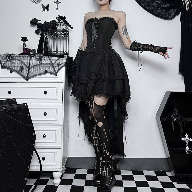 Gothic Style Black Draped, Strapless Maxi Dress - Sizes: XS/2XS