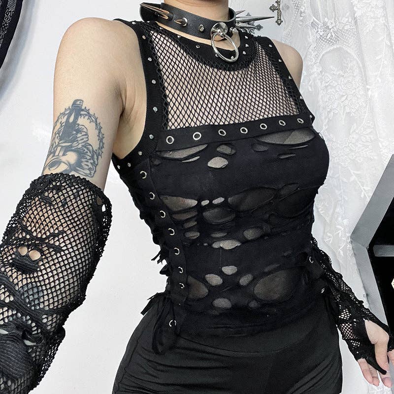 Sexy Black Tank Top with Sheer Details - Sizes: S/XS/2XS