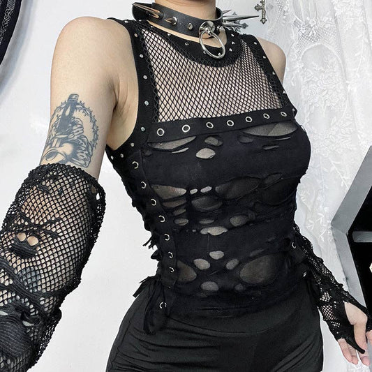 Sexy Black Tank Top with Sheer Details - Sizes: S/XS/2XS