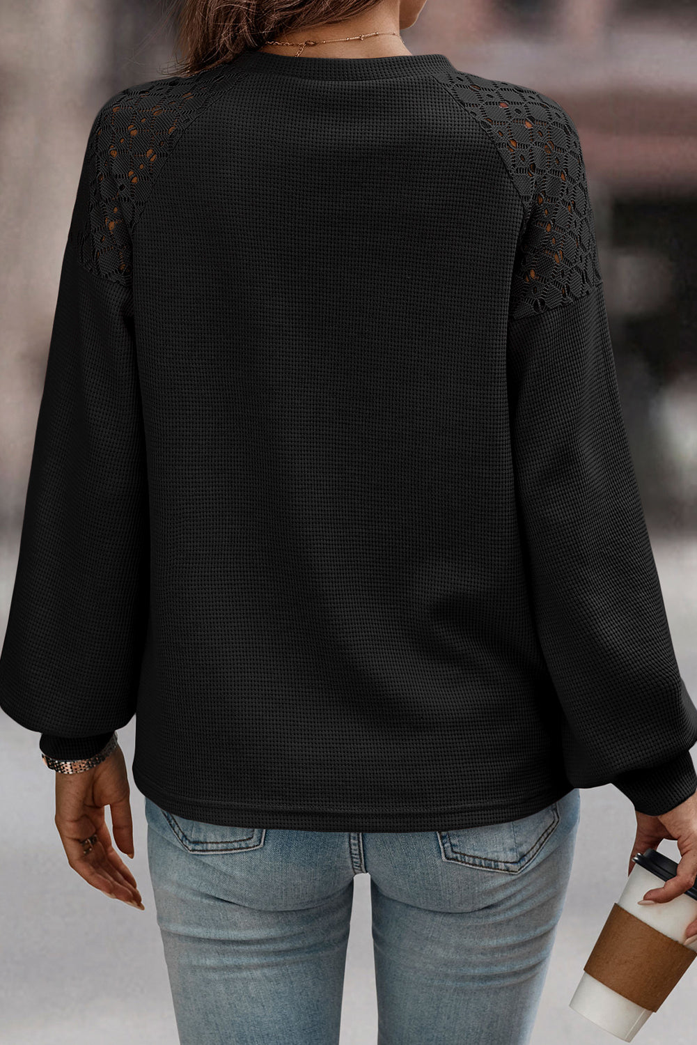 Black Lace Patchwork Long Sleeve Textured Pullover Top