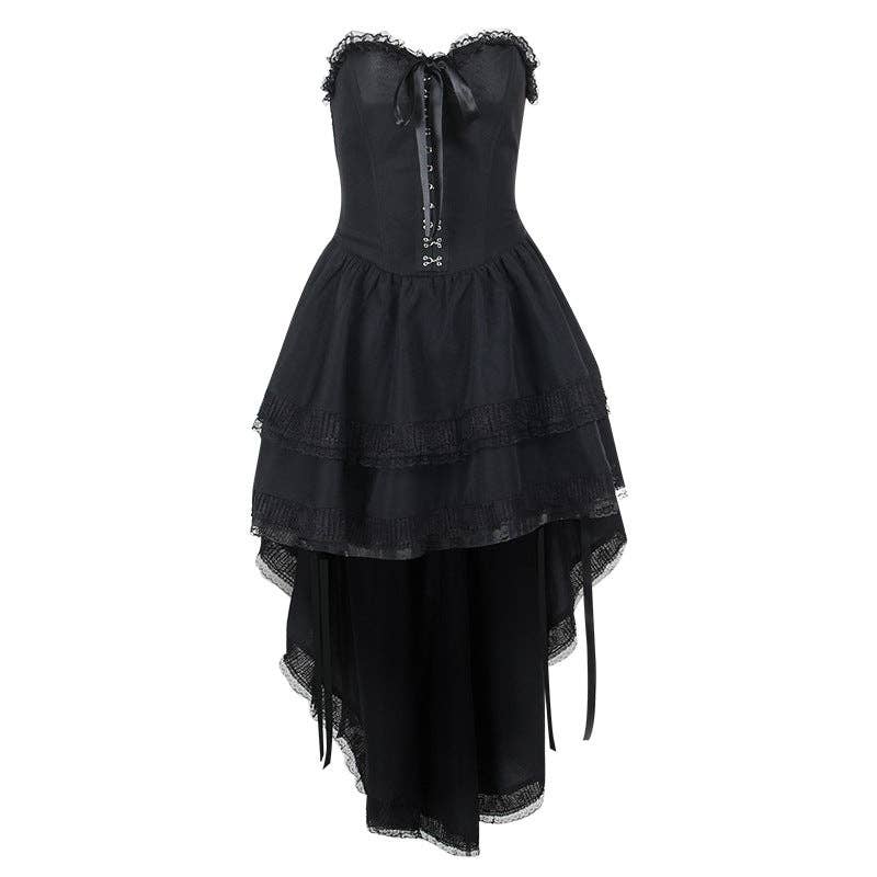 Gothic Style Black Draped, Strapless Maxi Dress - Sizes: XS/2XS