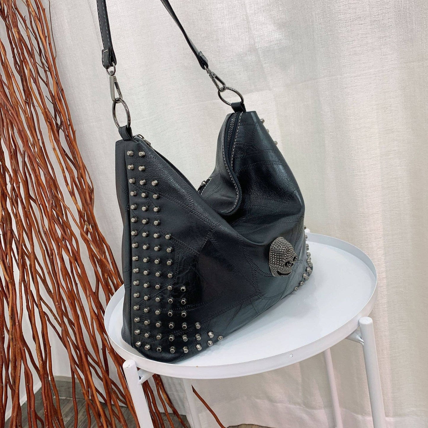Skull Rivet Soft Leather Large Capacity Shoulder Tote Bag