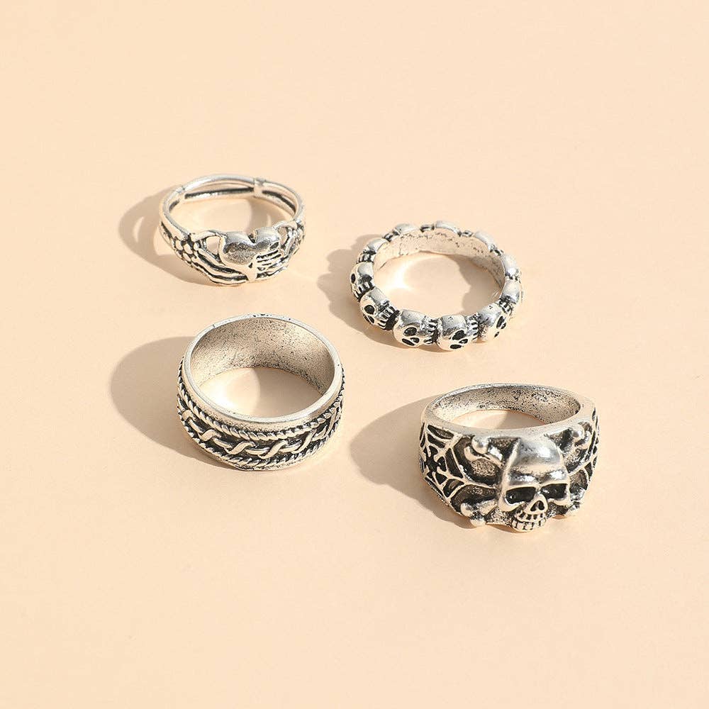 Men Fashion Punk Gothic Exaggerated Skull Heart Ring Set
