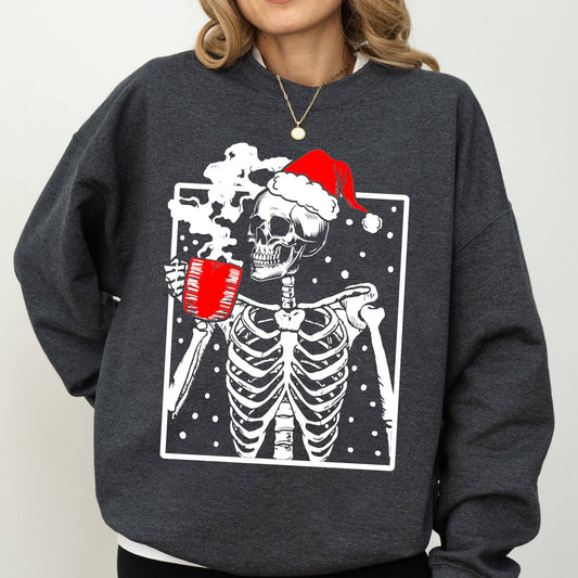 Coffee Lover Santa Skeleton Sweatshirt: Dark Gray Heather / Large