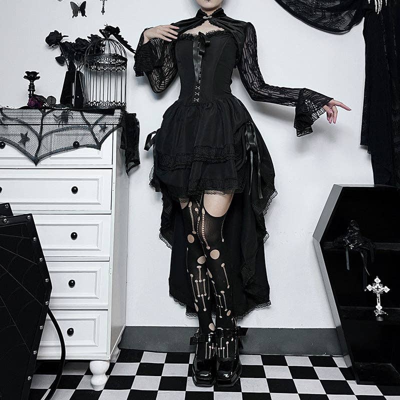 Gothic Style Black Draped, Strapless Maxi Dress - Sizes: XS/2XS