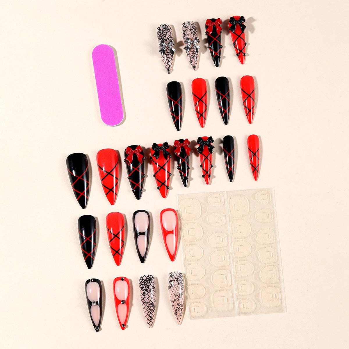 Gothic Rhinestone Bow Fake Nails