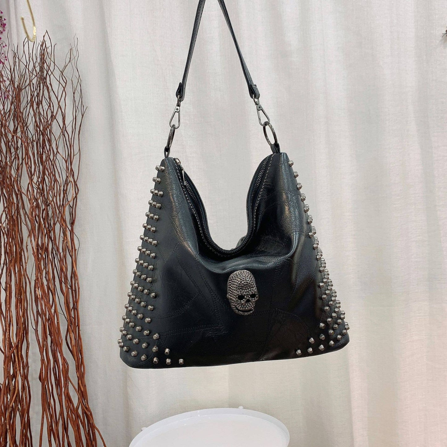 Skull Rivet Soft Leather Large Capacity Shoulder Tote Bag