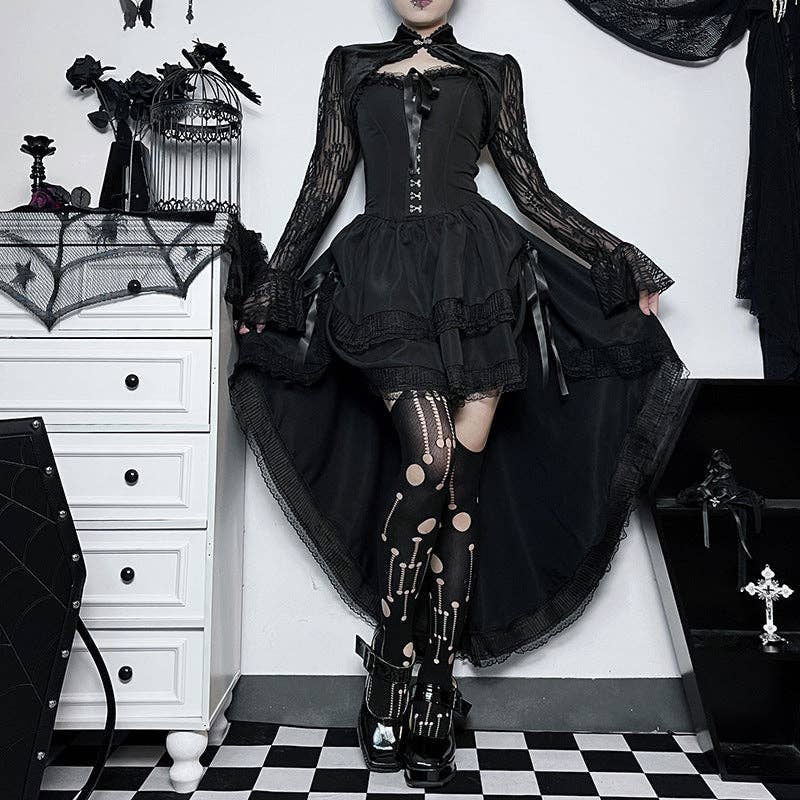 Gothic Style Black Draped, Strapless Maxi Dress - Sizes: XS/2XS