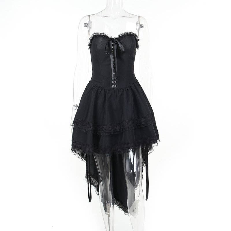 Gothic Style Black Draped, Strapless Maxi Dress - Sizes: XS/2XS
