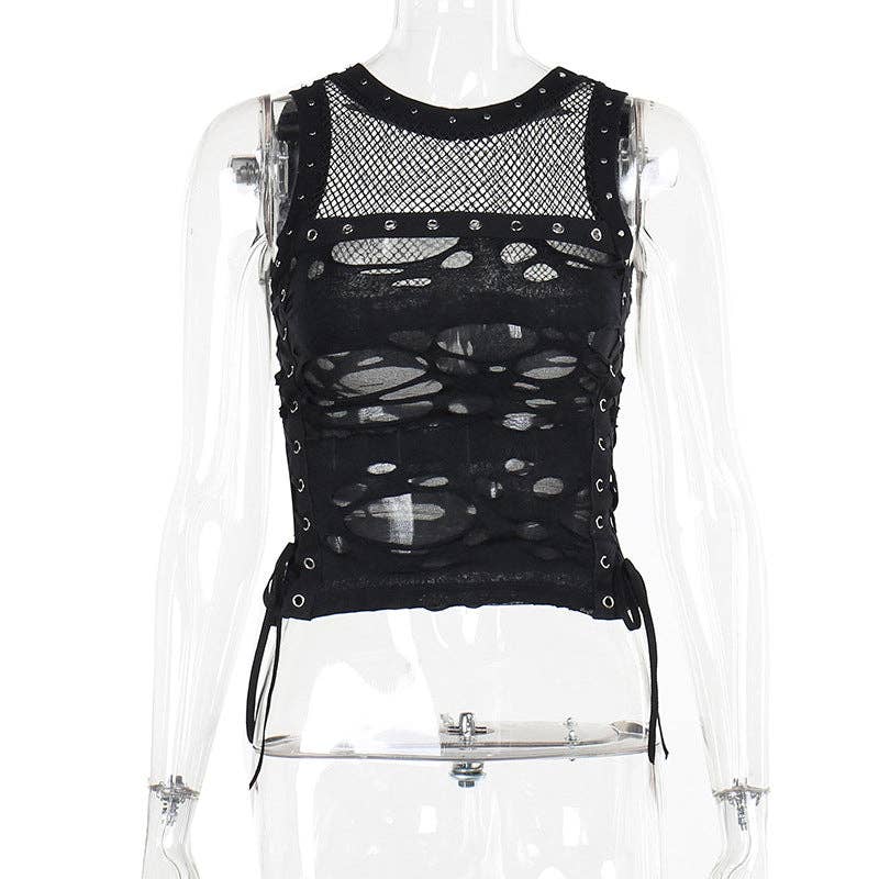 Sexy Black Tank Top with Sheer Details - Sizes: S/XS/2XS