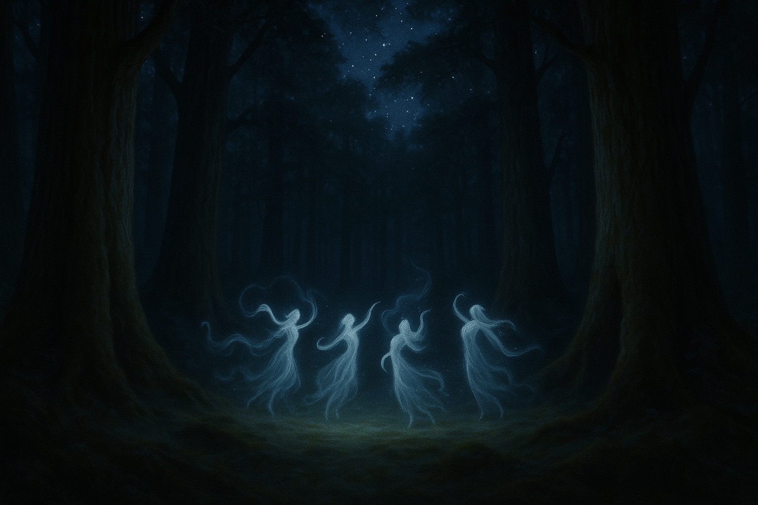 please add a few stars in the sky and please add a dark forest around the dancing spirits